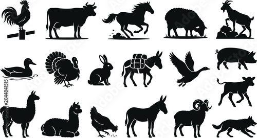 Black farm animal silhouette vector collection featuring domesticated species including livestock, poultry, and pets for design projects