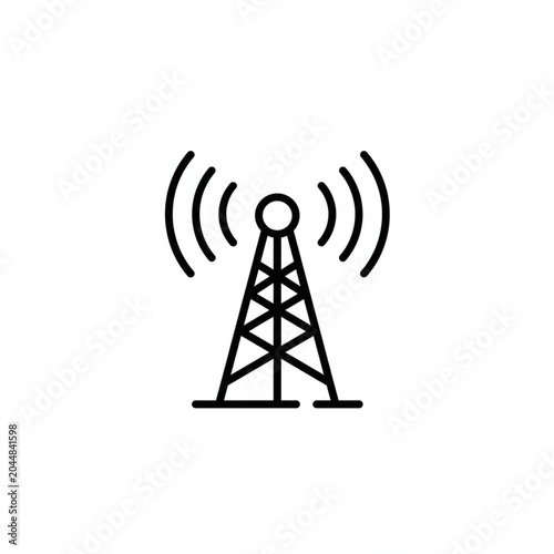 Minimalist Radio Tower Icon Emitting Waves on White Background in 8K Detail.