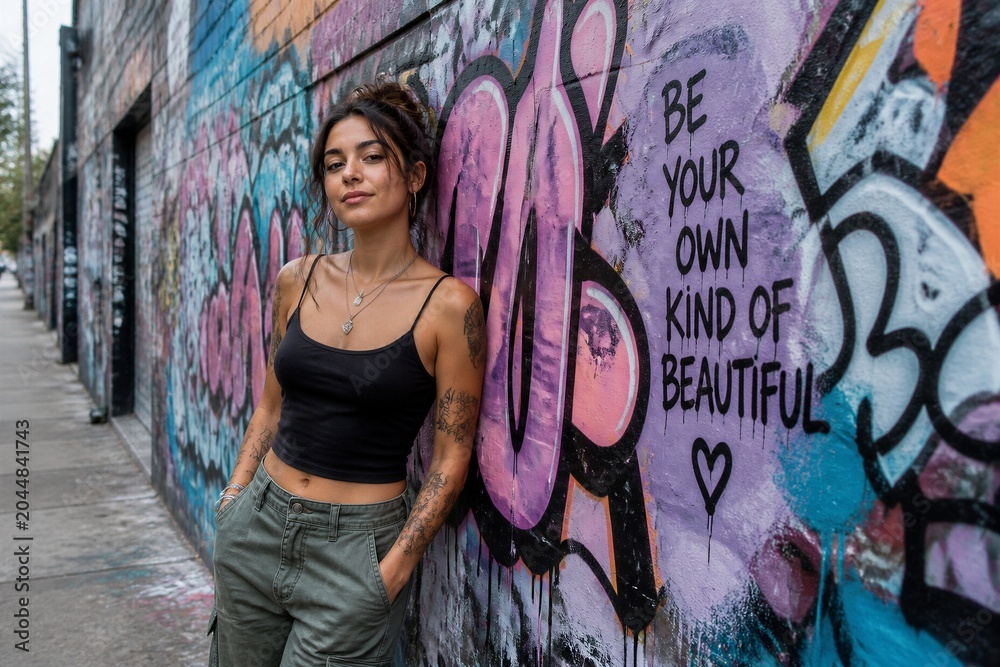 Naklejka premium Woman leaning against graffiti wall in urban street alleyway