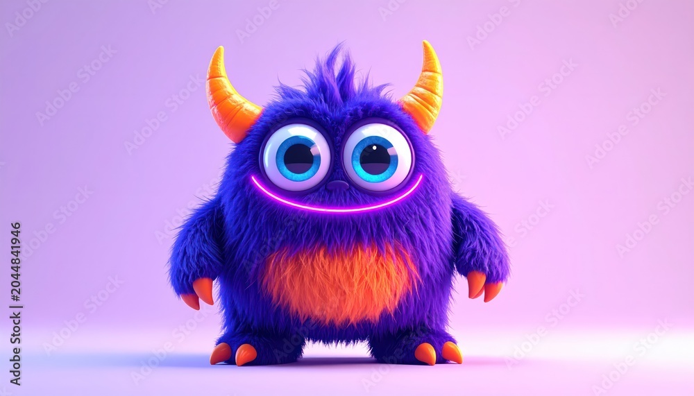 Naklejka premium Adorable Furry Monster with Horns and Big Eyes on a Purple Background.