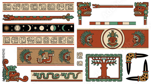 Mayan Codex Dresden Glyphs Border Frame Vector Set with Glyph Cartouche Serpent Bar Sky Band Chac Rain God Corn Maize Ceiba and Heritage Design