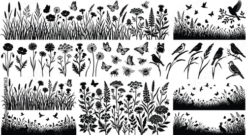 Black nature silhouettes with wildflowers, grasses, butterflies, birds, and rabbits in meadow ecosystem decorative design elements