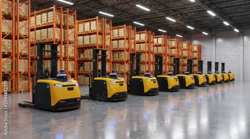 A fleet of autonomous forklifts parked in a modern, well-organized warehouse filled with shelves of stacked boxes.