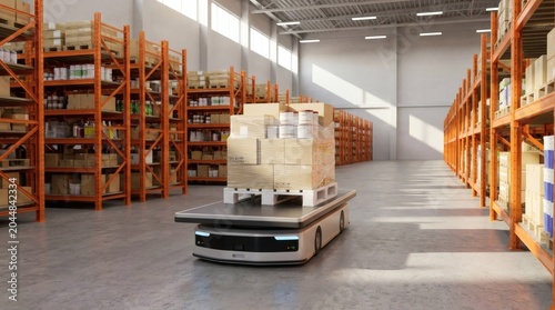 An automated guided vehicle (AGV) carrying a pallet of boxes moves through a warehouse aisle with tall shelves on both sides. The AGV has a sleek, modern design, and the warehouse is brightly lit.