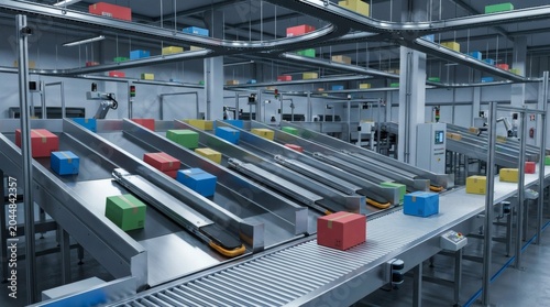 Automated warehouse with conveyor belts and colorful boxes in a modern factory