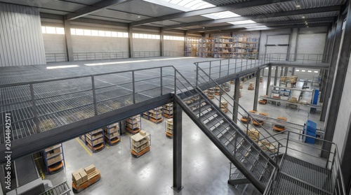 A modern industrial warehouse with a mezzanine level, storage racks filled with boxes, and a forklift in the background, suggesting efficient logistics and distribution