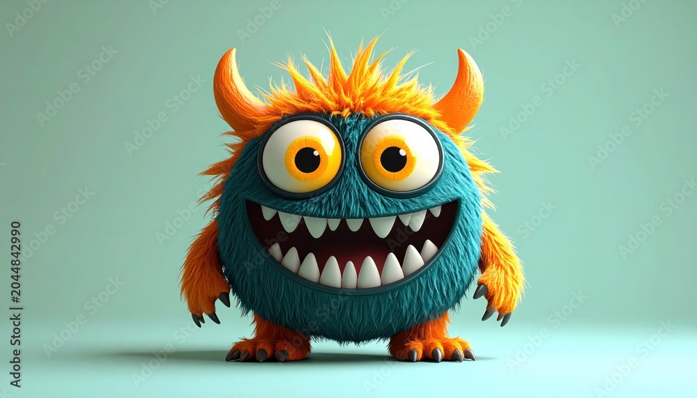 Naklejka premium Cute Cartoon Monster with Big Eyes and Sharp Teeth, Smiling and Happy.
