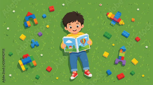 Fotografie Child Reading Book Surrounded by Building Blocks and Toys, Educational Playtime