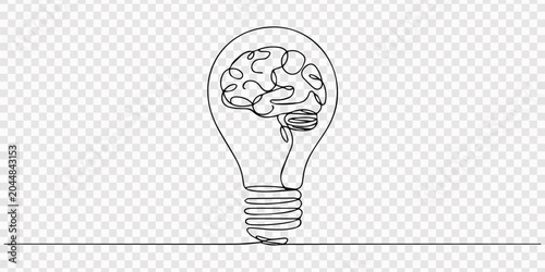 Konstfotografi transparent background, One line drawing of light bulb with human brain inside representing creative insight, Single continuous line symbol of light bulb with brain inside vector illustration