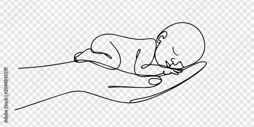 Fotografía Continuous one line drawing of small premature baby lies on the palm of his hand