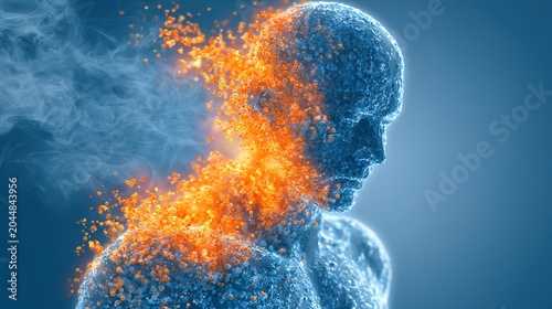 Educational 3D medical illustration explaining human body heat stroke pathogenesis, abnormal body temperature regulation, organ damage caused by extreme high temperature, used for emergency medicine 