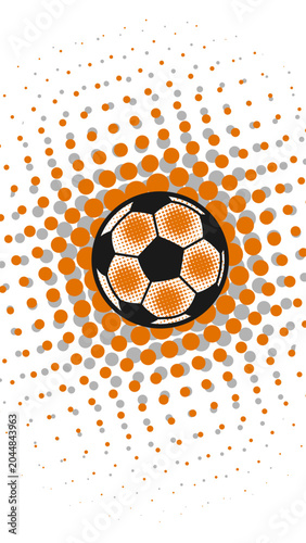 Soccer Ball Pop Art Graphic with Orange Halftone Background. Soccer Football design template,free copy space, vector vertical background