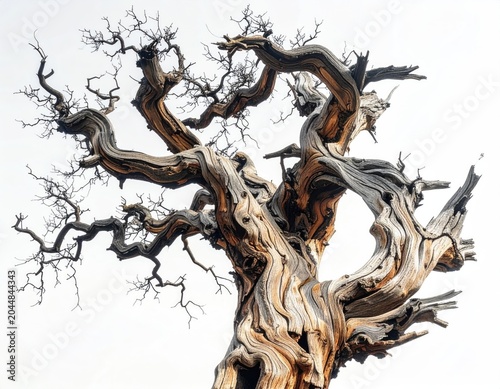 Ancient gnarled tree trunk with intricate, twisted branches against sky