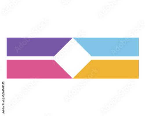 Abstract geometric design with bold, vibrant colors. Purple, pink, blue, and yellow shapes form a striking visual. White diamond center connects four colored segments