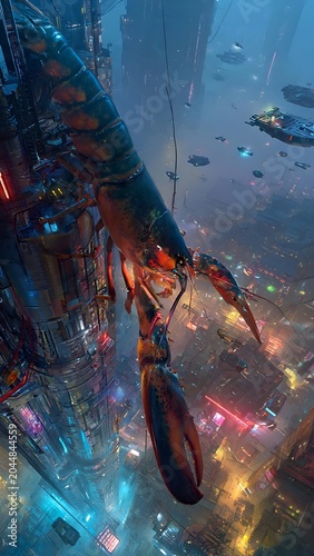 Giant lobster drawing climbing a futuristic skyscraper in neon city