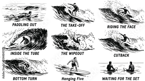 Tableau sur toile Surfing Techniques Black and White Illustration Set