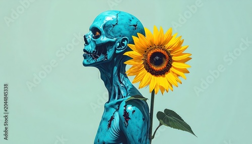 Surreal Turquoise Skull with Sunflower - A Unique Blend of Life and Death.
