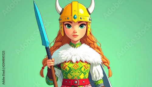 Vibrant Cartoon Viking Woman with Spear and Horned Helmet, Ready for Adventure.