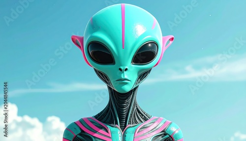 Vibrant Alien Portrait Against a Blue Sky - Futuristic and Surreal Artwork.