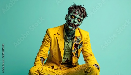 Zombie in Yellow Suit Poses Against Teal Backdrop, Halloween Concept.