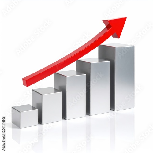 Metallic bar graph with an upward red arrow, indicating growth