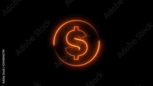 Neon dollar sign icon animation glowing orange color us currency finance money bank on black background	