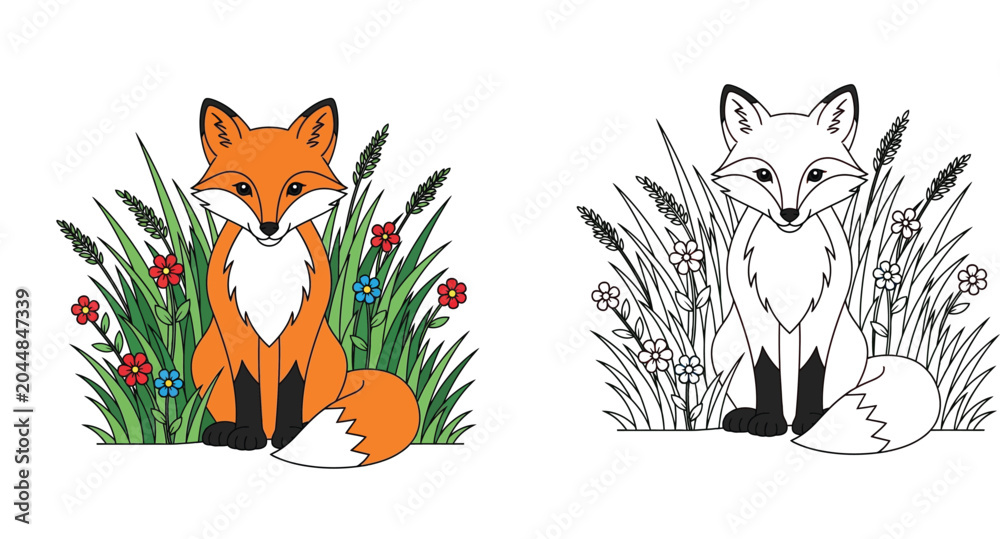 Fototapeta premium Cute Sitting Fox in Tall Grass with Flowers - Colored Illustration and Black and White Line Art Coloring Page for Kids, Educational Wildlife Vector Design for Children Activity