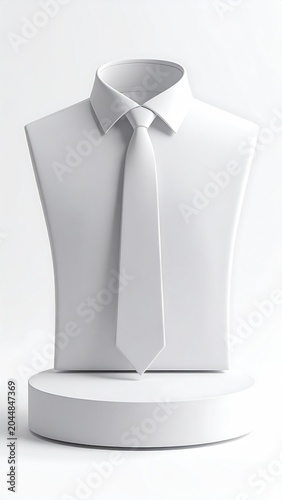 A white shirt and tie on a display mannequin, presented on a podium