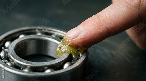 Person applying yellow mechanical grease to metal ball bearing for industrial maintenance