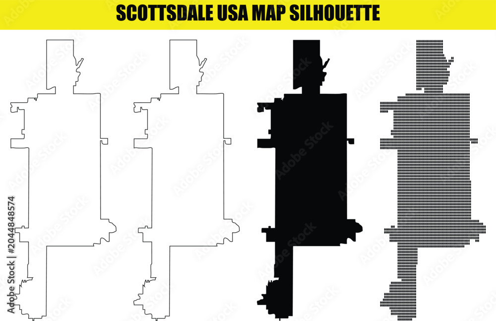 Obraz premium Scottsdale usa map silhouette showing city borders in flat white outline solid black and digital dot pattern formats.