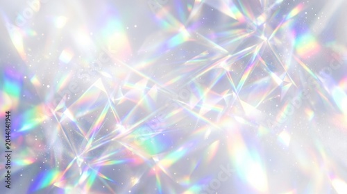 An abstract luxury background featuring a crystal prism effect with bright rainbow light leaks, geometric reflections, and subtle sparkling dust on a soft white surface.