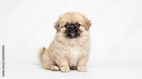 Small fluffy Pekingese puppy with light tan fur sitting on a clean white background, showcasing its round face and playful expression
