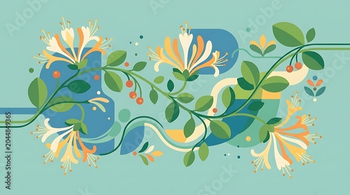 Honeysuckle vector floral pattern with blooming flowers and berries