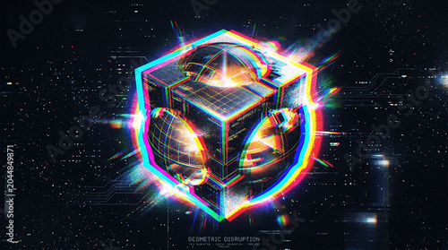 Abstract digital illustration of a geometric cube with glowing elements and vibrant colors, set against a dark cosmic background with a futuristic aesthetic