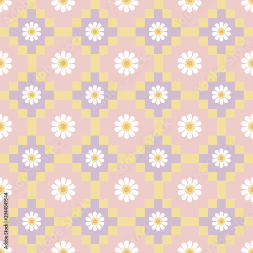 Seamless floral pattern with pastel pink, yellow, and purple. Tile ornament wallpaper.
