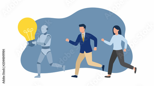 Schilderij op canvas Robot, businessman, and businesswoman running with lightbulb, symbolizing innova