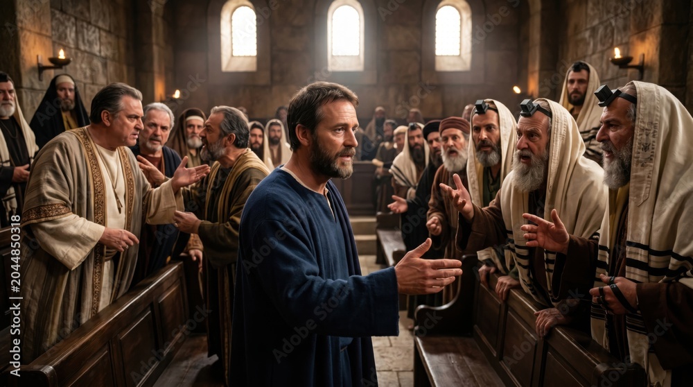 Obraz premium Apostle Paul standing trial before the Sanhedrin council. Biblical scene depicting man speaking to religious elders in ancient stone chamber. Dramatic historical narrative of faith.