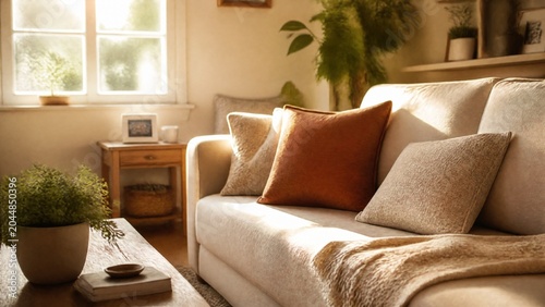 Comfortable sofa in a warm living room setting, bathed in soft afternoon light from a nearby window.