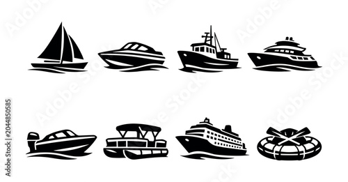 Collection of diverse watercraft and marine vessel icons in a clean black and white design
