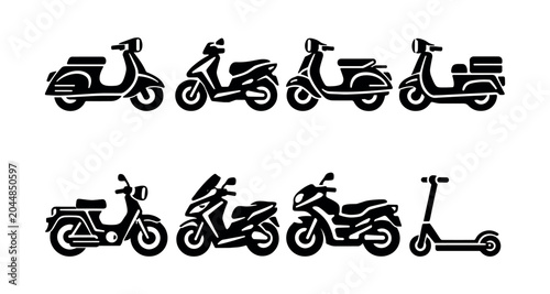 Collection of diverse scooter and motorcycle silhouette icons on a white background