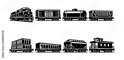 Foto Collection of stylized black and white train cars and locomotive