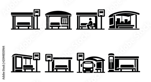 Collection of diverse bus stop icons representing different designs and features