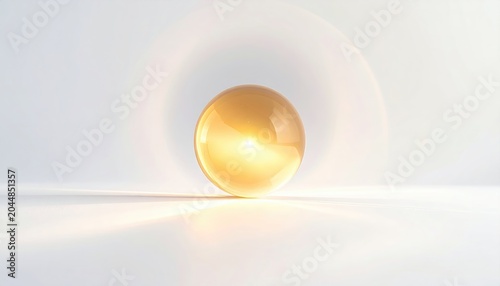 A luminous, golden orb glows brightly on a stark white surface