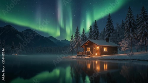 Cozy cabin glows warmly by snowy lake under vibrant northern light, surrounded by pine tree and peaceful winter night scenery