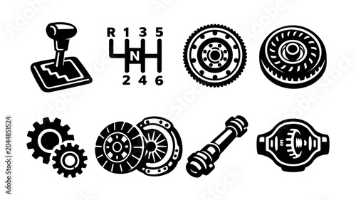 Collection of automotive drivetrain and transmission components in black and white icons