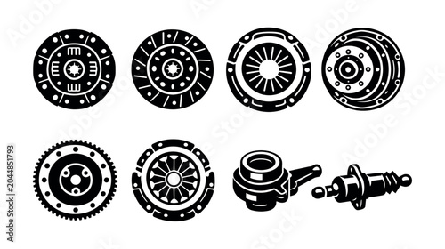 Canvastavla Collection of automotive clutch system components and parts in black and white i