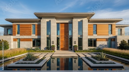 Modern luxury home exterior with reflecting pool architecture and design