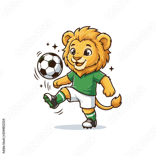 Lion Cartoon Soccer Player Mascot Kicking Ball for Youth Sports