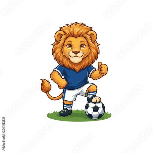 Mascot Lion Soccer Player Character Giving Thumbs Up with Ball