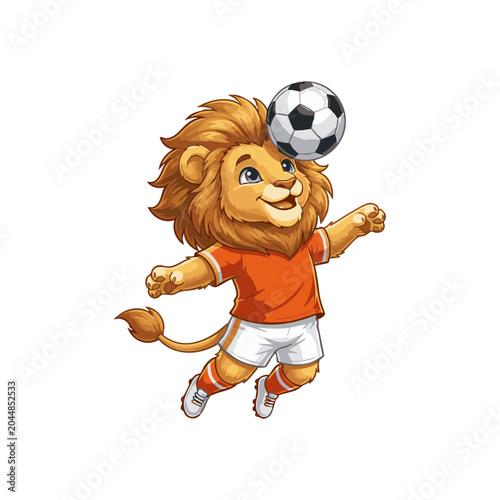Lion Soccer Mascot Balancing Ball on Head Representing Team Sports